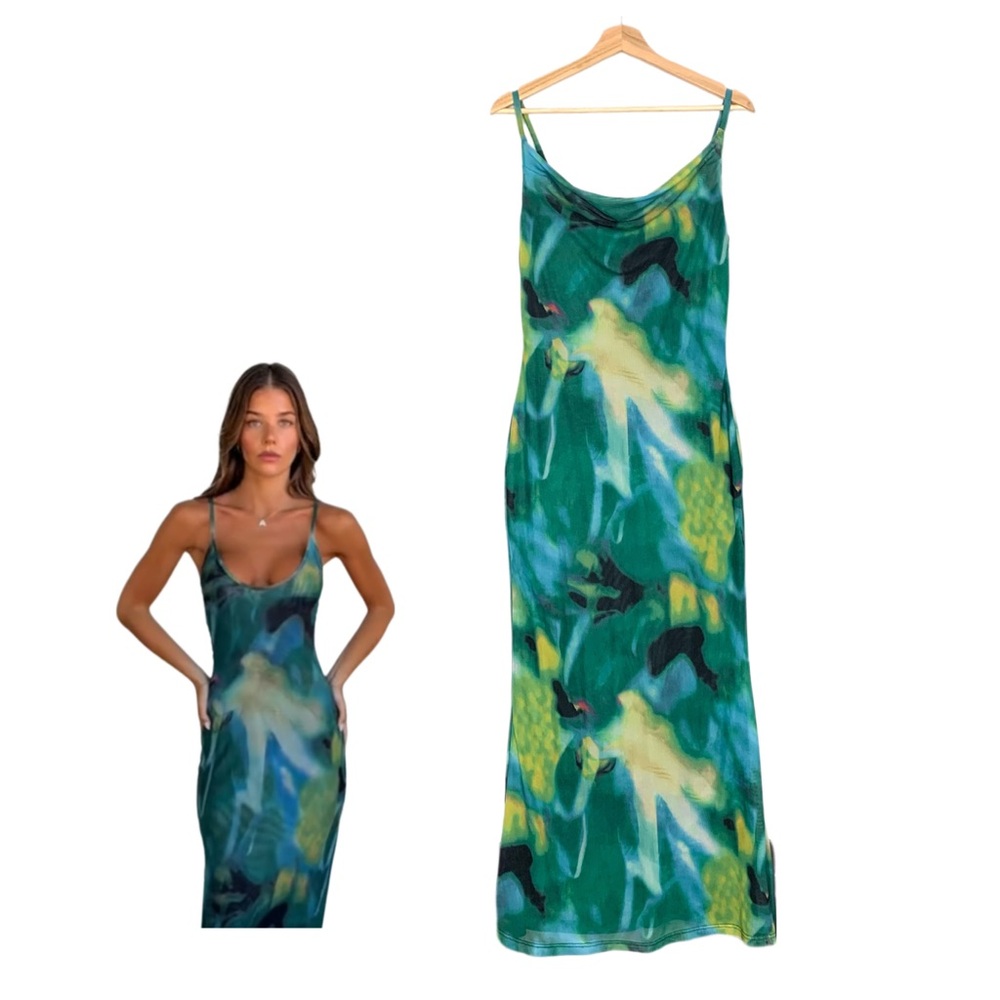 Backless Mesh Maxi Dress Green Blue Multicolor Size Medium Sultry Summer